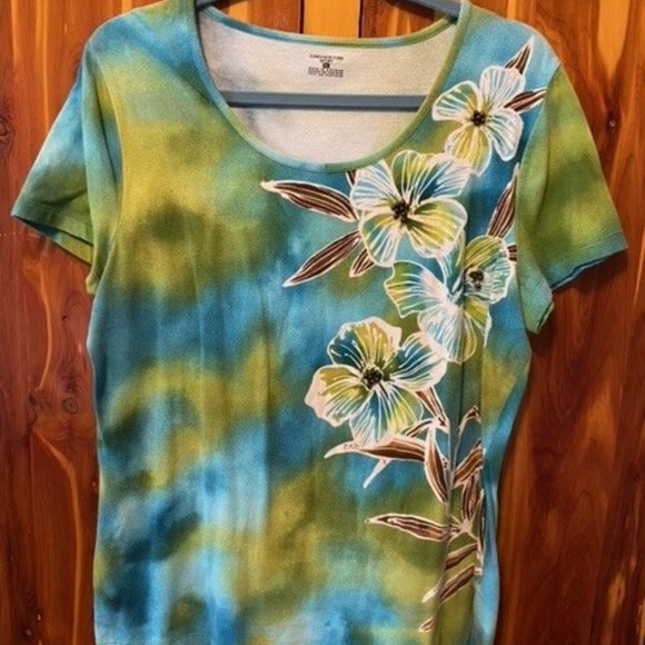 Jones New York Tops - Jones NY turquoise, lime green, white, and brown tee shirt with  flowers